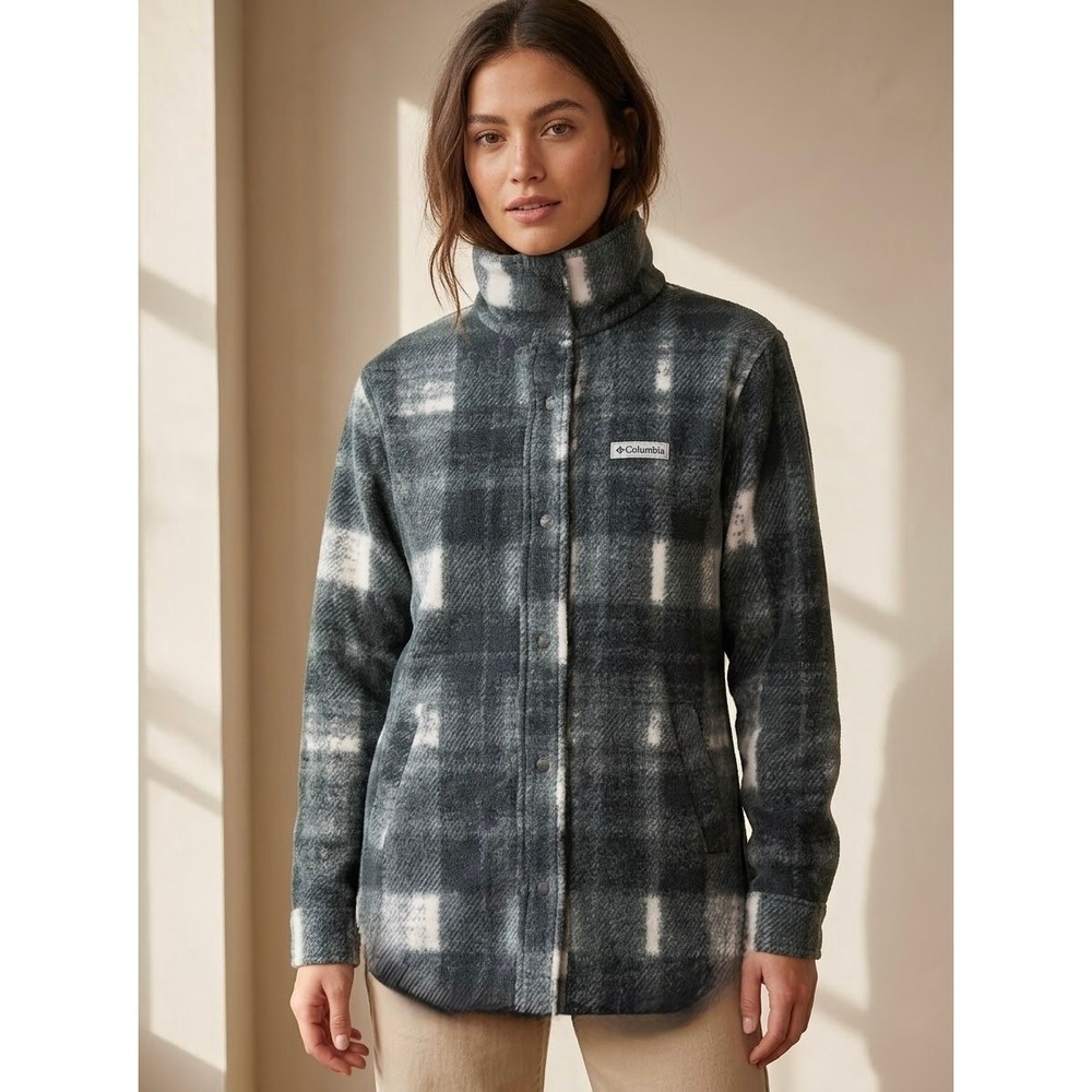 Plaid Snap Front Columbia Gray Polyester Fleece Jacket Size XS Extra Small